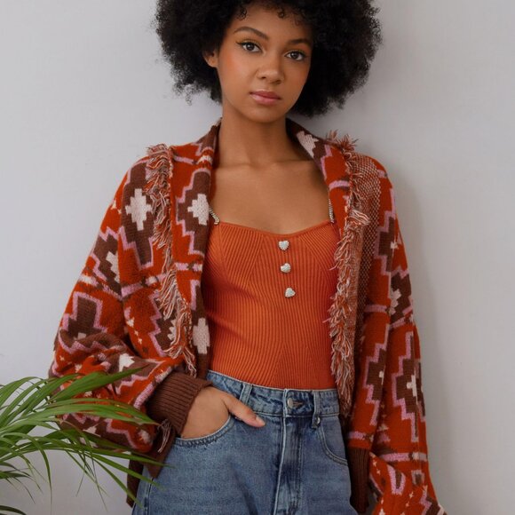 CIDER Boho Chunky Orange and Brown Oversized Sweater Button Down Fringe S - Picture 1 of 10